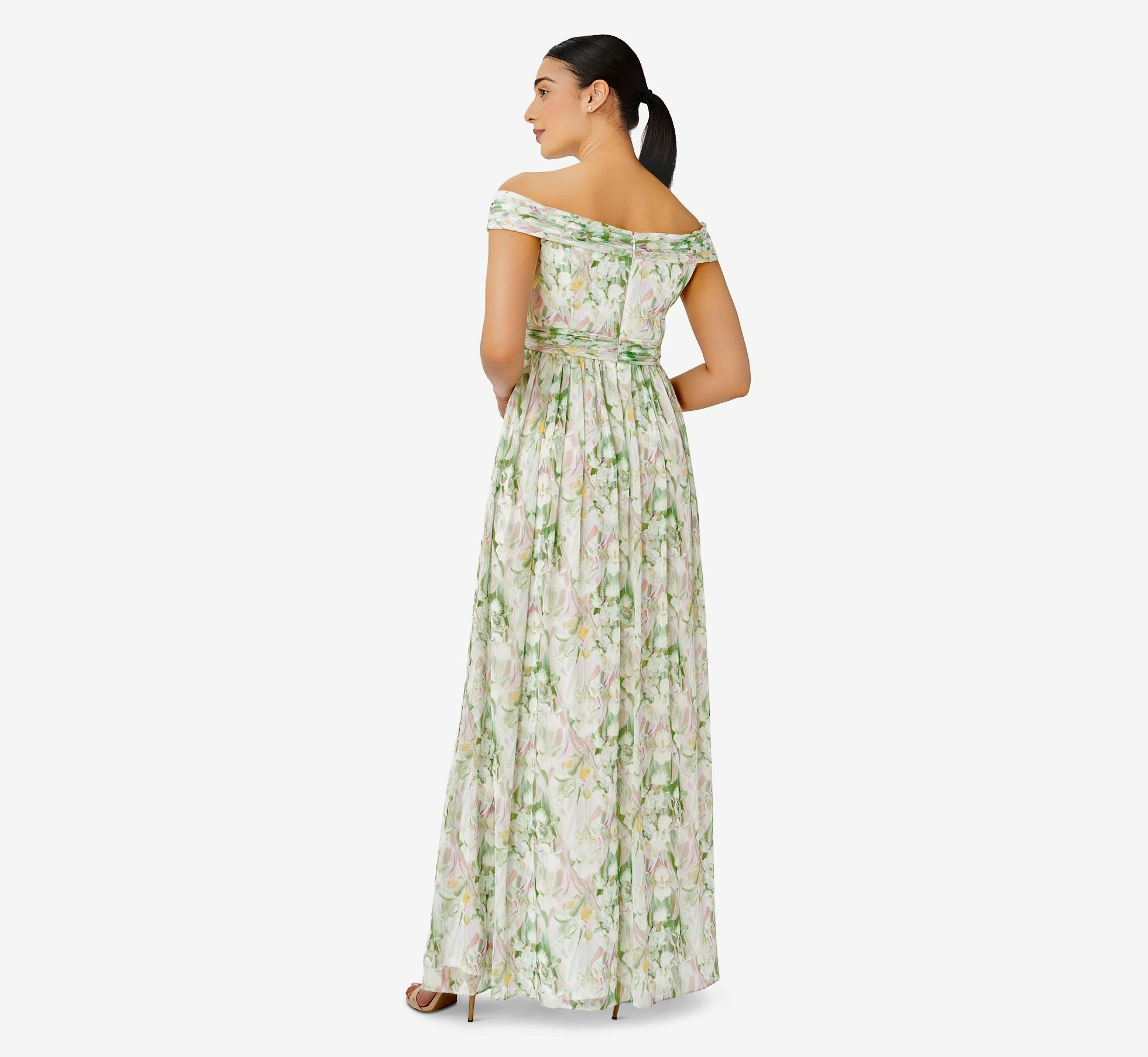 Adrianna Papell Floral-Print Off-The-Shoulder Chiffon Long Gown In Spring Mint Multi 3 Adrianna Papell Floral-Print Off-The-Shoulder Chiffon Long Gown In Spring Mint Multi - Image 3