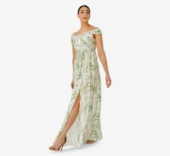 Adrianna Papell Floral-Print Off-The-Shoulder Chiffon Long Gown In Spring Mint Multi 8 Adrianna Papell Floral-Print Off-The-Shoulder Chiffon Long Gown In Spring Mint Multi -Adrianna Papell Shop AP1E209472 AL484 Regular Side