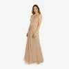 Adrianna Papell Metallic Knit Halter Long Gown In Champagne Gold