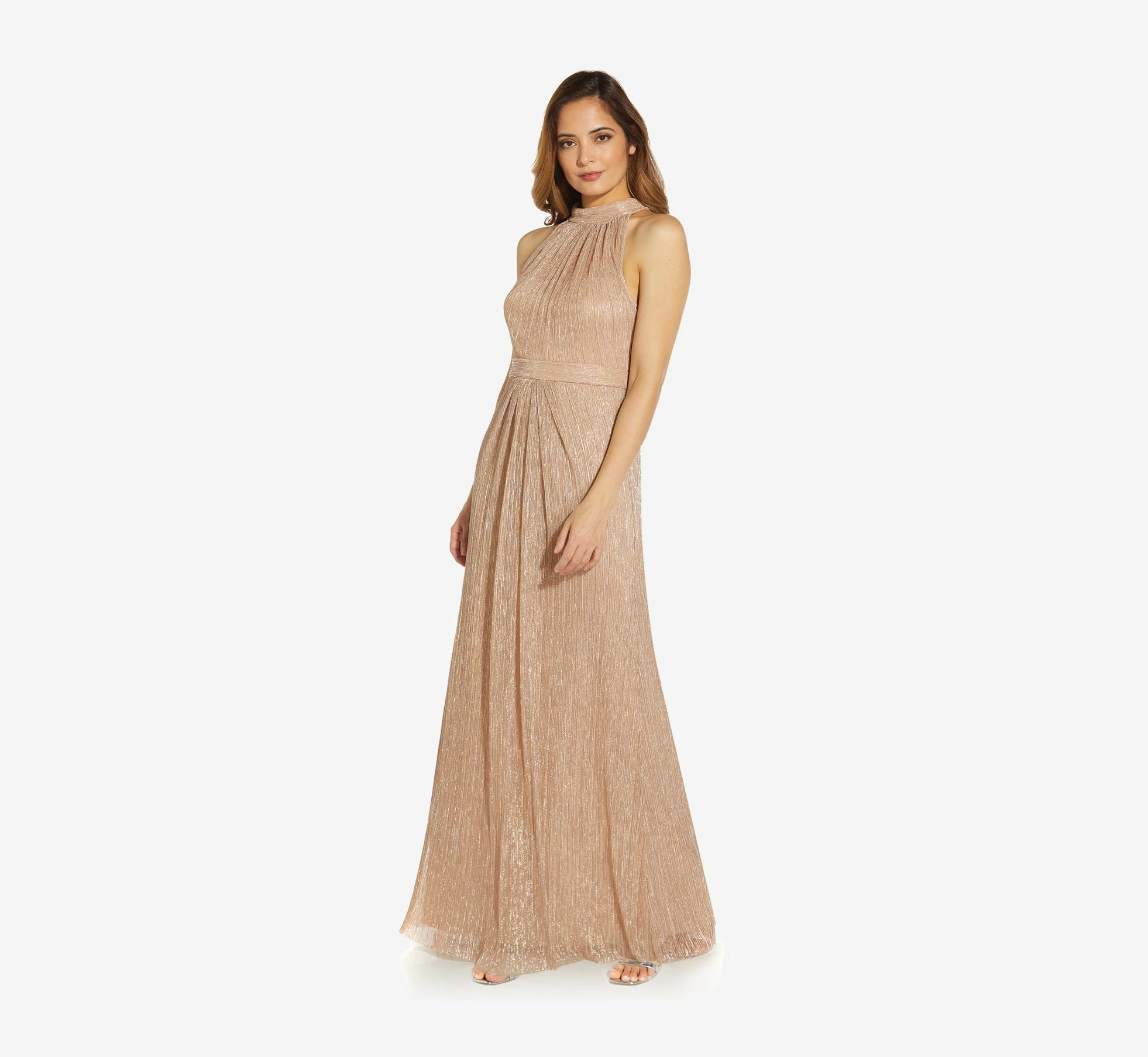 Adrianna Papell Metallic Knit Halter Long Gown In Champagne Gold 1 Adrianna Papell Metallic Knit Halter Long Gown In Champagne Gold