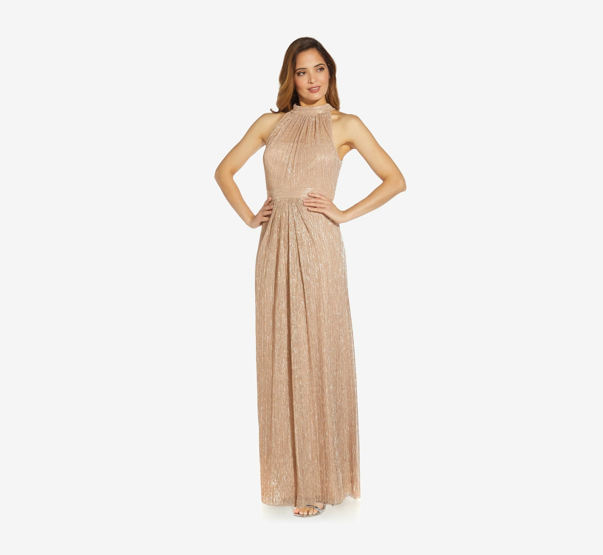 Adrianna Papell Metallic Knit Halter Long Gown In Champagne Gold 3 Adrianna Papell Metallic Knit Halter Long Gown In Champagne Gold - Image 3