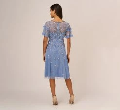 Adrianna Papell Beaded Midi Dress With Sheer Ruffled Sleeves In French Blue -Adrianna Papell Shop AP1E209508 AA544 Regular Back
