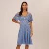 Adrianna Papell Beaded Midi Dress With Sheer Ruffled Sleeves In French Blue