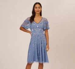 Adrianna Papell Beaded Midi Dress With Sheer Ruffled Sleeves In French Blue -Adrianna Papell Shop AP1E209508 AA544 Regular Default ee8b46d8 0dc1 40a8 93ed e95a5db5db83