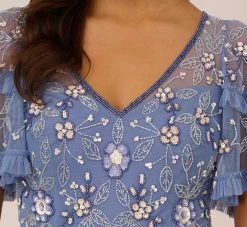 Adrianna Papell Beaded Midi Dress With Sheer Ruffled Sleeves In French Blue -Adrianna Papell Shop AP1E209508 AA544 Regular Detail