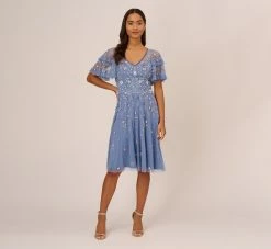 Adrianna Papell Beaded Midi Dress With Sheer Ruffled Sleeves In French Blue -Adrianna Papell Shop AP1E209508 AA544 Regular Front