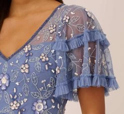 Adrianna Papell Beaded Midi Dress With Sheer Ruffled Sleeves In French Blue -Adrianna Papell Shop AP1E209508 AA544 Regular Lifestyle