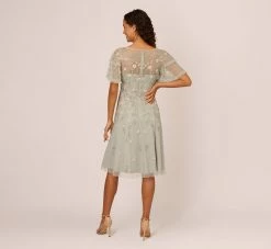 Adrianna Papell Beaded Midi Dress With Sheer Ruffled Sleeves In Frosted Sage 9 Adrianna Papell Beaded Midi Dress With Sheer Ruffled Sleeves In Frosted Sage -Adrianna Papell Shop AP1E209508 AG484 Regular Back