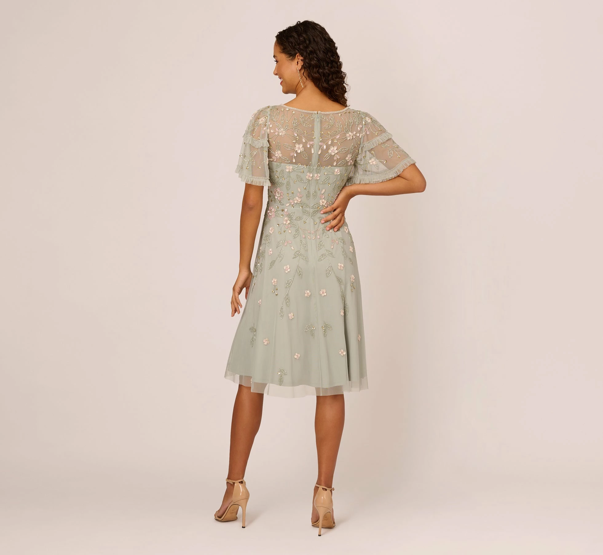 Adrianna Papell Beaded Midi Dress With Sheer Ruffled Sleeves In Frosted Sage 4 Adrianna Papell Beaded Midi Dress With Sheer Ruffled Sleeves In Frosted Sage - Image 4