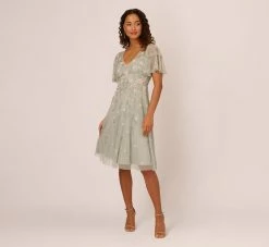 Adrianna Papell Beaded Midi Dress With Sheer Ruffled Sleeves In Frosted Sage