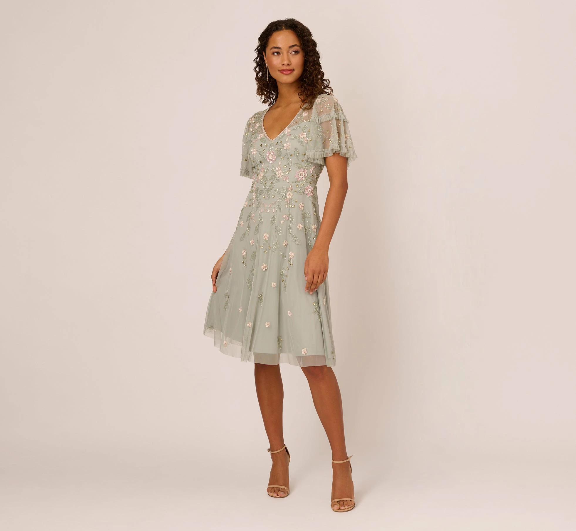 Adrianna Papell Beaded Midi Dress With Sheer Ruffled Sleeves In Frosted Sage 1 Adrianna Papell Beaded Midi Dress With Sheer Ruffled Sleeves In Frosted Sage