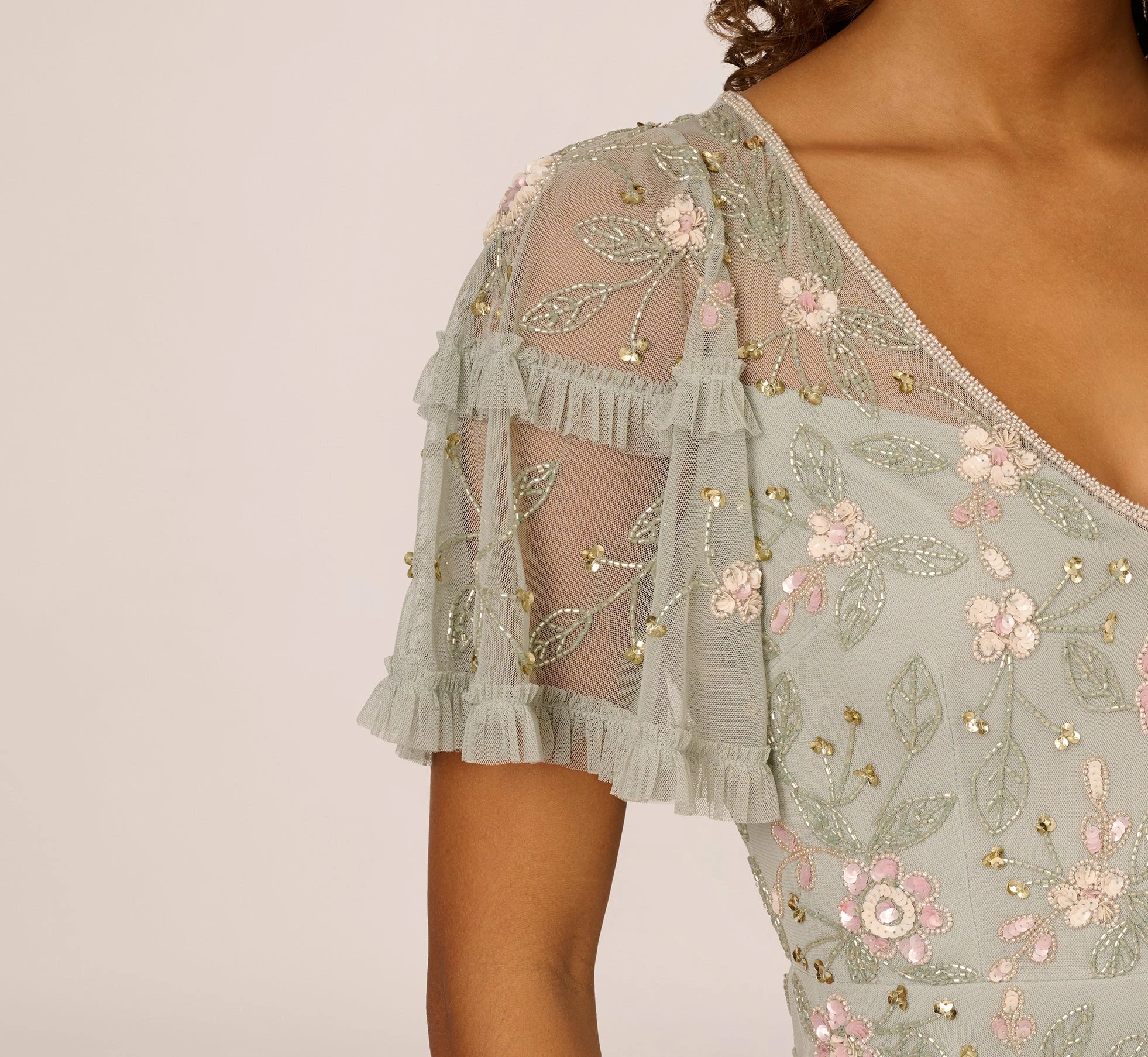 Adrianna Papell Beaded Midi Dress With Sheer Ruffled Sleeves In Frosted Sage 5 Adrianna Papell Beaded Midi Dress With Sheer Ruffled Sleeves In Frosted Sage - Image 5