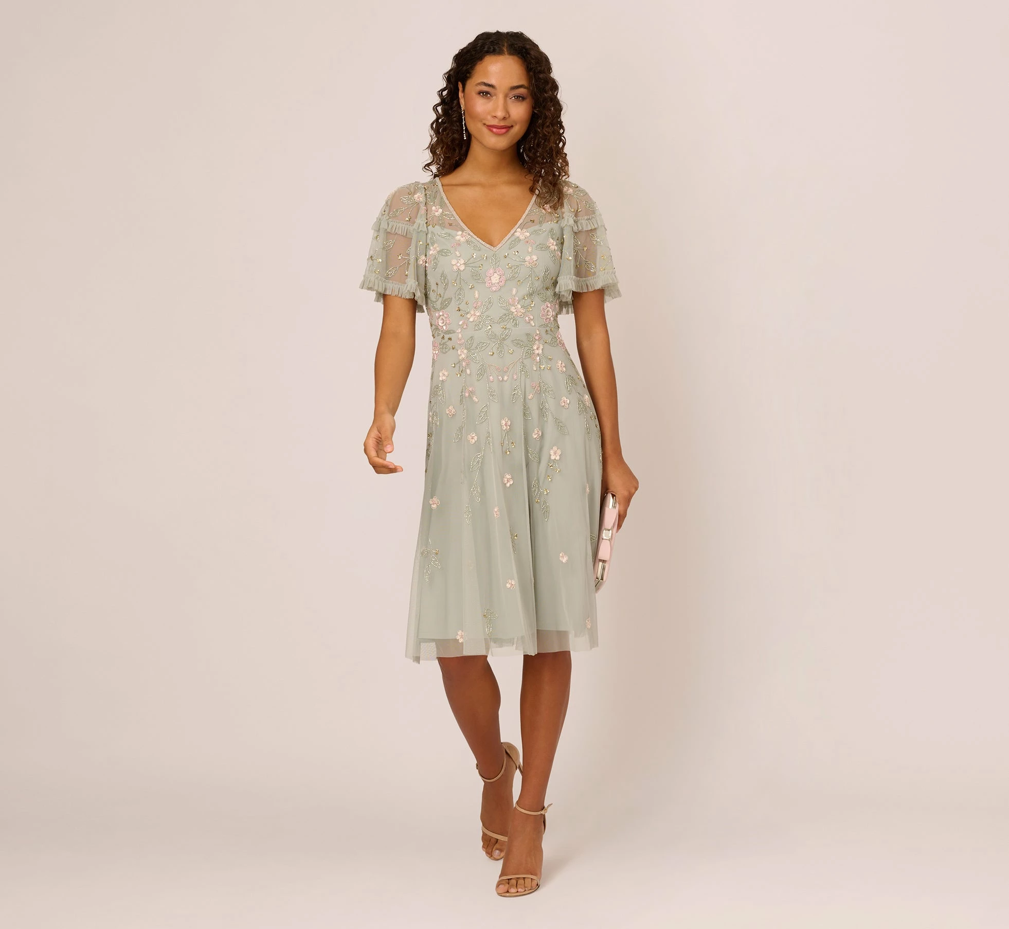Adrianna Papell Beaded Midi Dress With Sheer Ruffled Sleeves In Frosted Sage 2 Adrianna Papell Beaded Midi Dress With Sheer Ruffled Sleeves In Frosted Sage - Image 2