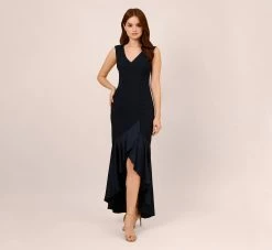 Adrianna Papell Satin Crepe High/Low Gown With Button Details In Dark Navy