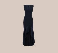 Adrianna Papell Satin Crepe High/Low Gown With Button Details In Dark Navy -Adrianna Papell Shop AP1E209529 AV410 Regular Flat