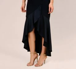 Adrianna Papell Satin Crepe High/Low Gown With Button Details In Dark Navy -Adrianna Papell Shop AP1E209529 AV410 Regular Side