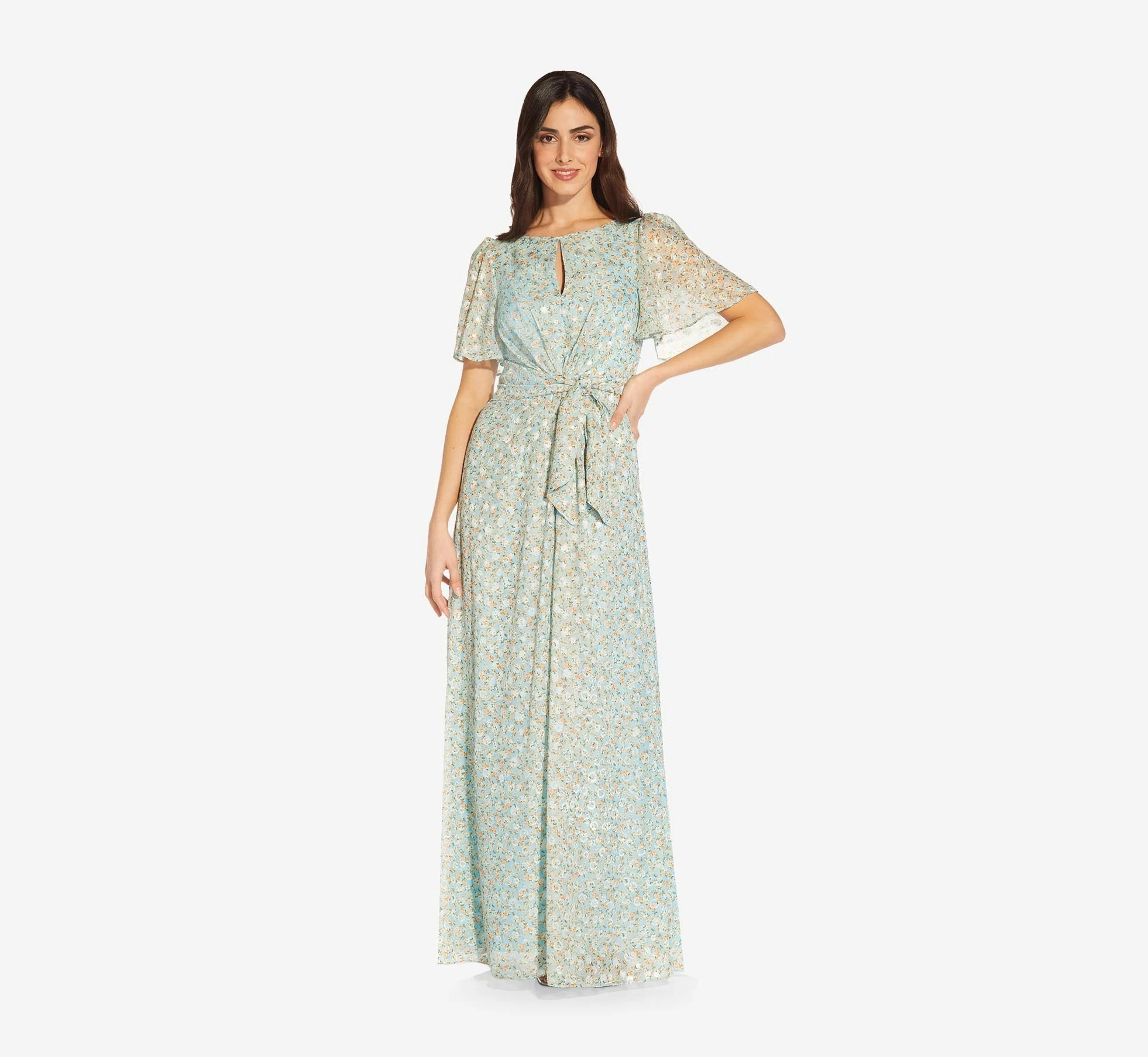 Adrianna Papell Floral-Print Tie-Front Fit-And-Flare Chiffon Long Gown In Skyway 1 Adrianna Papell Floral-Print Tie-Front Fit-And-Flare Chiffon Long Gown In Skyway