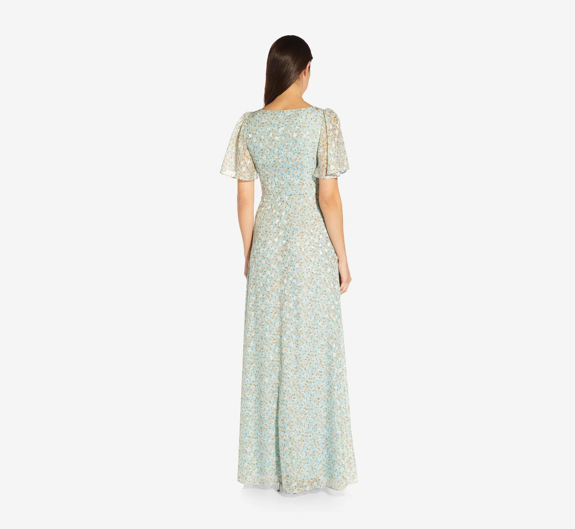 Adrianna Papell Floral-Print Tie-Front Fit-And-Flare Chiffon Long Gown In Skyway 4 Adrianna Papell Floral-Print Tie-Front Fit-And-Flare Chiffon Long Gown In Skyway - Image 4