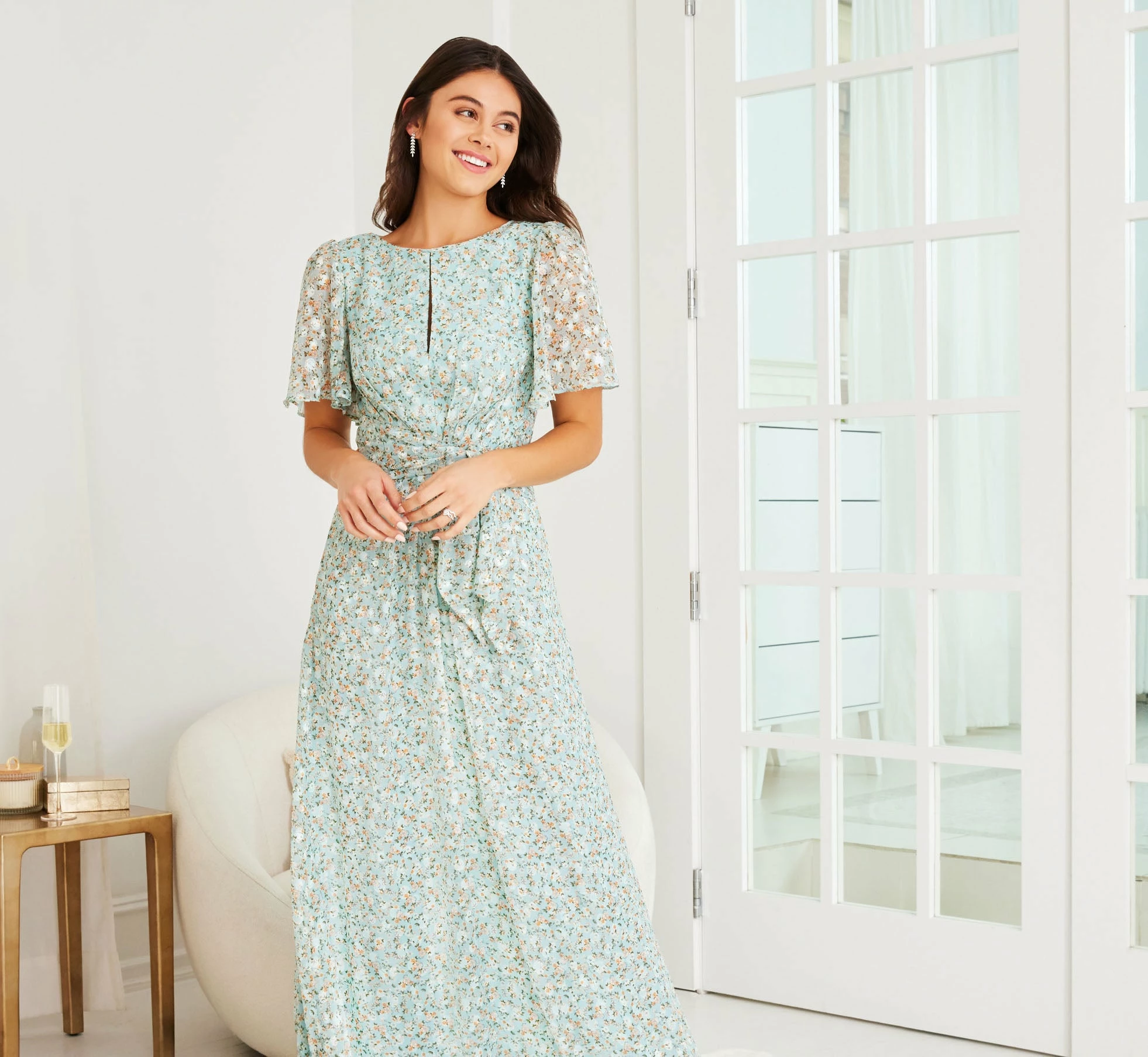 Adrianna Papell Floral-Print Tie-Front Fit-And-Flare Chiffon Long Gown In Skyway 2 Adrianna Papell Floral-Print Tie-Front Fit-And-Flare Chiffon Long Gown In Skyway - Image 2