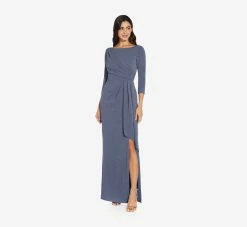 Adrianna Papell Metallic Knit Long Draped Column Gown In Steel Blue 5 Adrianna Papell Metallic Knit Long Draped Column Gown In Steel Blue -Adrianna Papell Shop AP1E209543 AA460 Regular Alternate