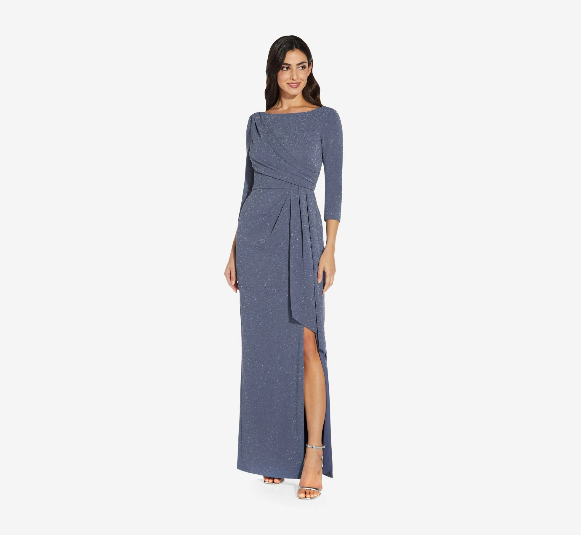 Adrianna Papell Metallic Knit Long Draped Column Gown In Steel Blue 3 Adrianna Papell Metallic Knit Long Draped Column Gown In Steel Blue - Image 3