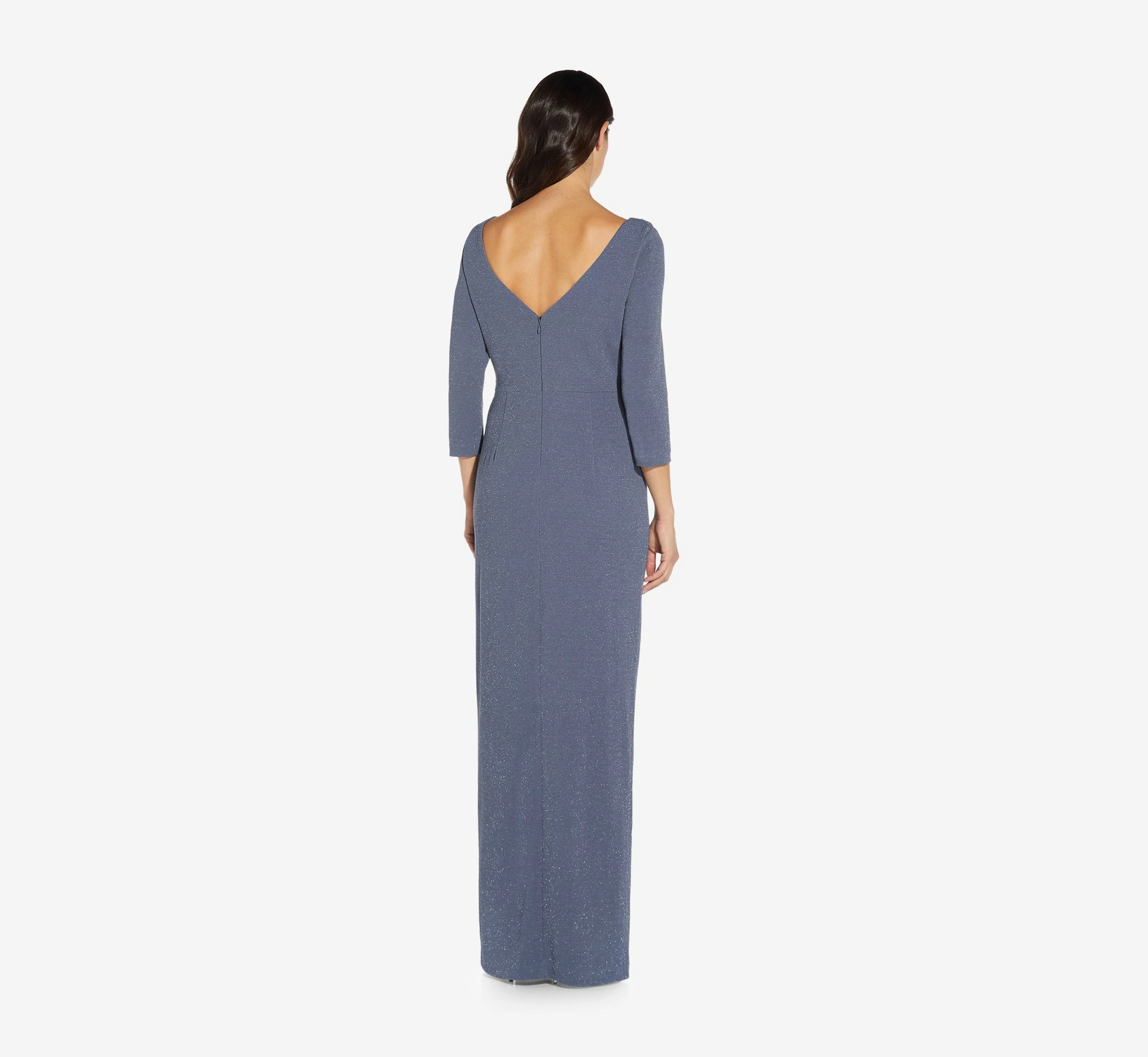 Adrianna Papell Metallic Knit Long Draped Column Gown In Steel Blue 2 Adrianna Papell Metallic Knit Long Draped Column Gown In Steel Blue - Image 2