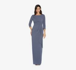 Adrianna Papell Metallic Knit Long Draped Column Gown In Steel Blue