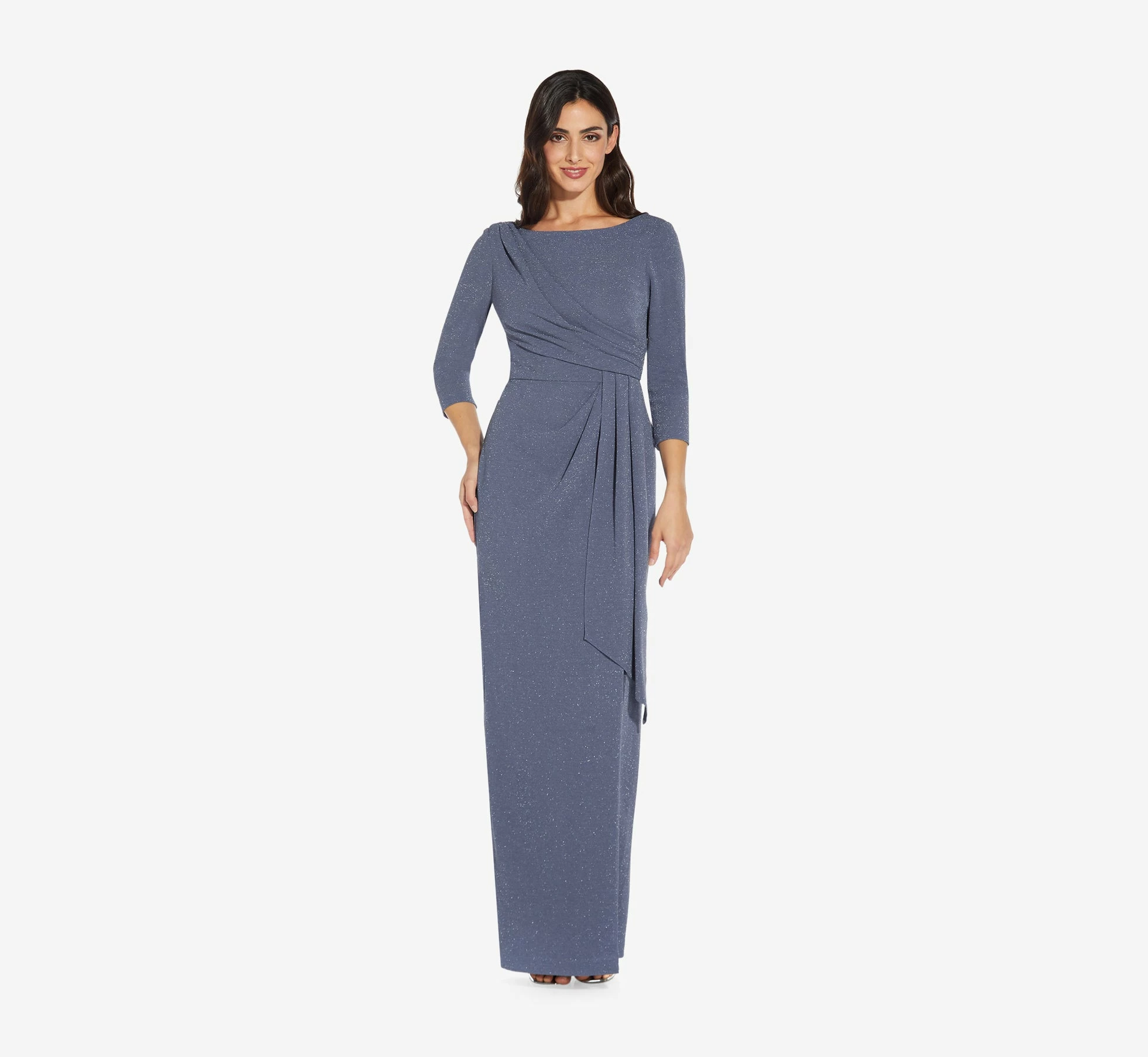 Adrianna Papell Metallic Knit Long Draped Column Gown In Steel Blue 1 Adrianna Papell Metallic Knit Long Draped Column Gown In Steel Blue
