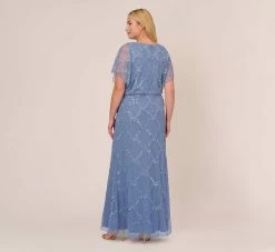 Adrianna Papell Plus Size Hand-Beaded Blouson Long Gown With Flutter Sleeves In French Blue -Adrianna Papell Shop AP1E209547 AA544 Plus Back