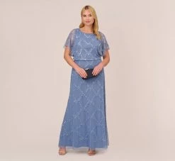 Adrianna Papell Plus Size Hand-Beaded Blouson Long Gown With Flutter Sleeves In French Blue