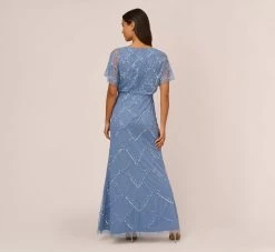 Adrianna Papell Hand-Beaded Blouson Long Gown With Flutter Sleeves In French Blue 10 Adrianna Papell Hand-Beaded Blouson Long Gown With Flutter Sleeves In French Blue -Adrianna Papell Shop AP1E209547 AA544 Regular Back