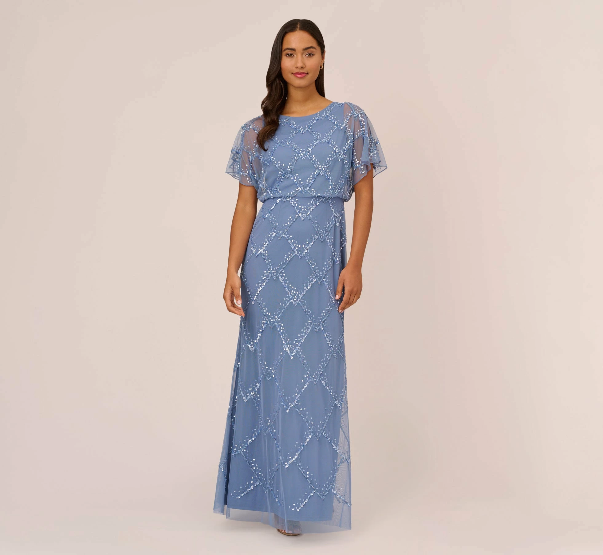 Adrianna Papell Hand-Beaded Blouson Long Gown With Flutter Sleeves In French Blue 2 Adrianna Papell Hand-Beaded Blouson Long Gown With Flutter Sleeves In French Blue - Image 2