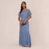 Adrianna Papell Hand-Beaded Blouson Long Gown With Flutter Sleeves In French Blue