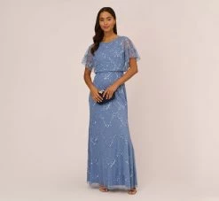 Adrianna Papell Hand-Beaded Blouson Long Gown With Flutter Sleeves In French Blue
