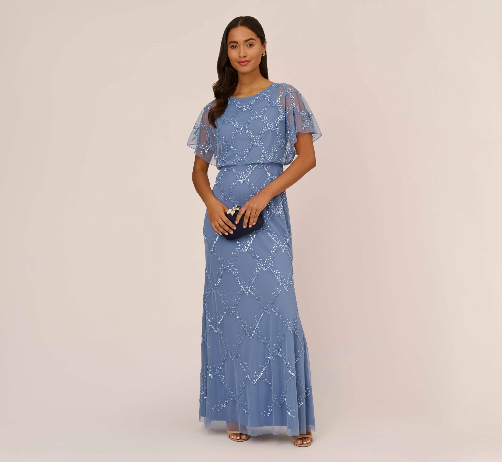 Adrianna Papell Hand-Beaded Blouson Long Gown With Flutter Sleeves In French Blue 1 Adrianna Papell Hand-Beaded Blouson Long Gown With Flutter Sleeves In French Blue