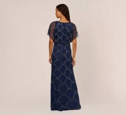 Adrianna Papell Hand-Beaded Blouson Long Gown With Flutter Sleeves In Light Navy -Adrianna Papell Shop AP1E209547 AT412 Regular Back c7ad7e86 bcd7 4c46 912f cce581473272