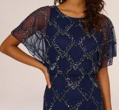 Adrianna Papell Hand-Beaded Blouson Long Gown With Flutter Sleeves In Light Navy -Adrianna Papell Shop AP1E209547 AT412 Regular Detail