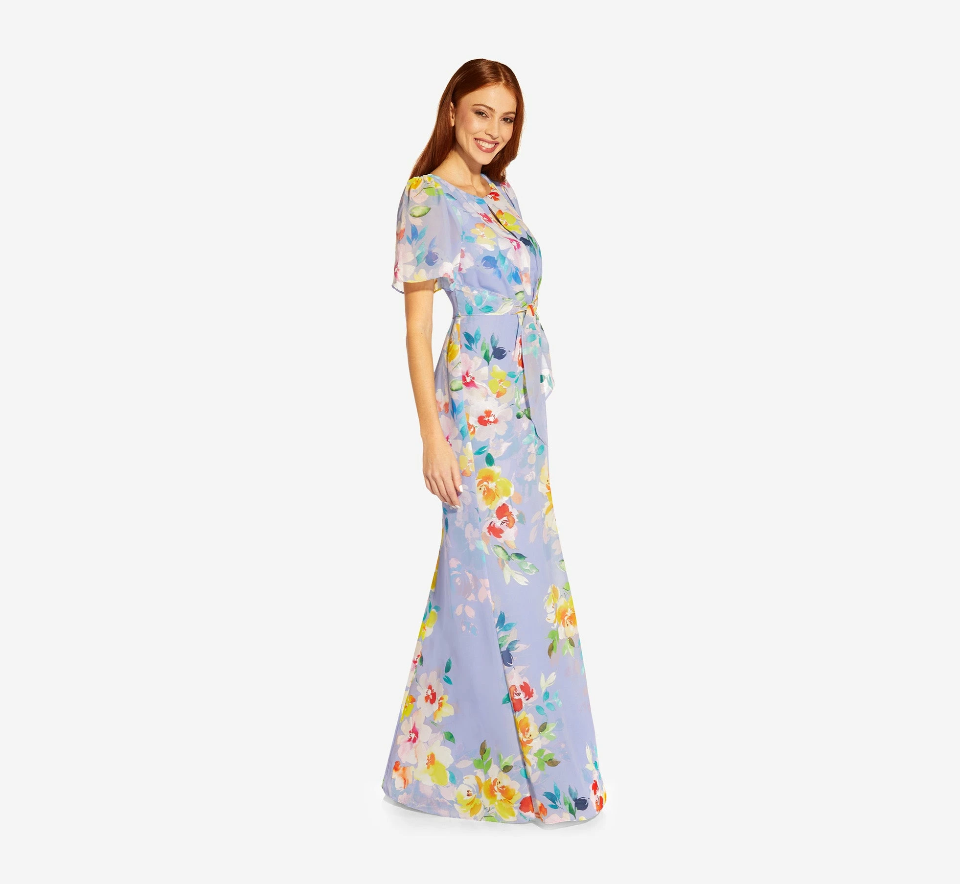 Adrianna Papell Floral Print Chiffon Long Gown In Peri Multi 4 Adrianna Papell Floral Print Chiffon Long Gown In Peri Multi - Image 4