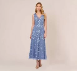 Adrianna Papell Hand-Beaded Ankle-Length Dress In French Blue