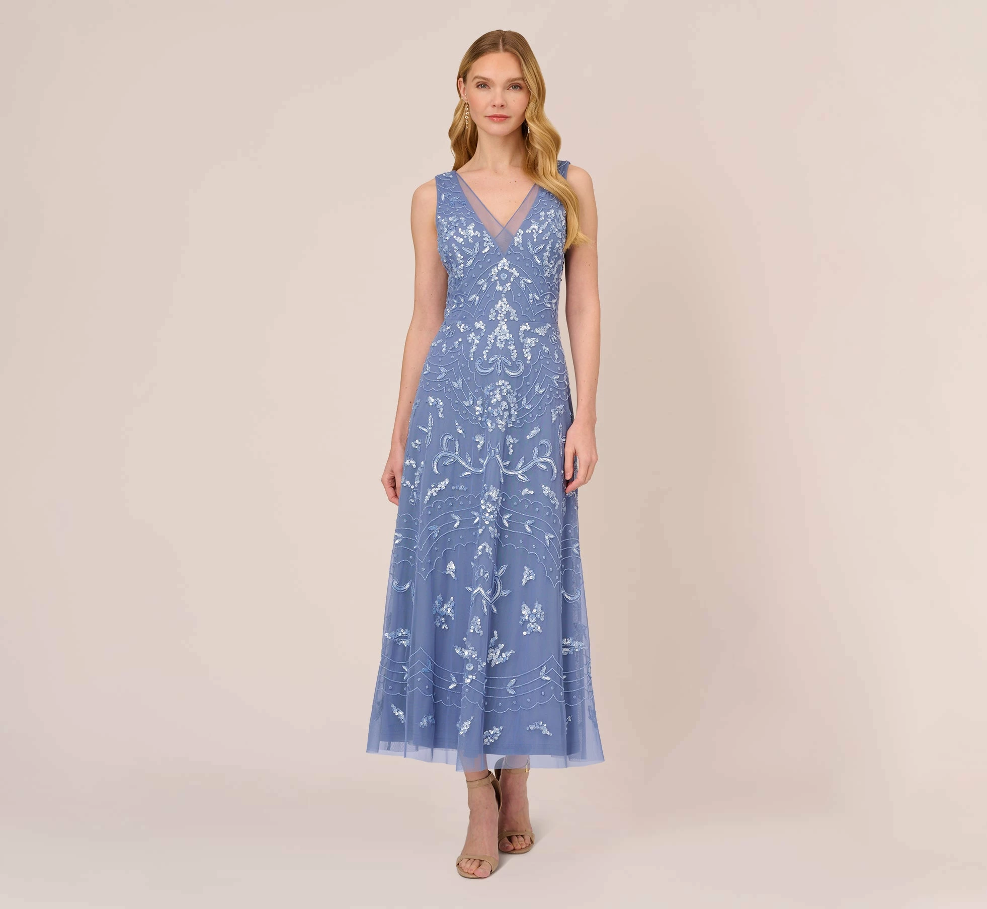 Adrianna Papell Hand-Beaded Ankle-Length Dress In French Blue 1 Adrianna Papell Hand-Beaded Ankle-Length Dress In French Blue