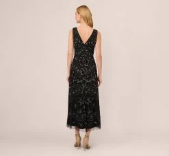 Adrianna Papell Hand-Beaded Ankle-Length Dress In Black Gunmetal -Adrianna Papell Shop AP1E209645 AE088 Regular Back