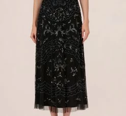 Adrianna Papell Hand-Beaded Ankle-Length Dress In Black Gunmetal -Adrianna Papell Shop AP1E209645 AE088 Regular Lifestyle