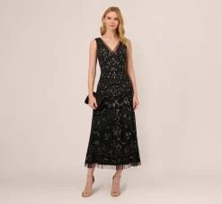 Adrianna Papell Hand-Beaded Ankle-Length Dress In Black Gunmetal -Adrianna Papell Shop AP1E209645 AE088 Regular Side