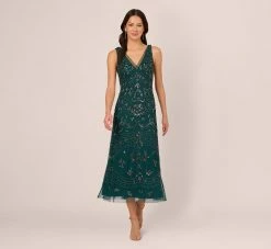 Adrianna Papell Hand-Beaded Ankle-Length Dress In Gem Green