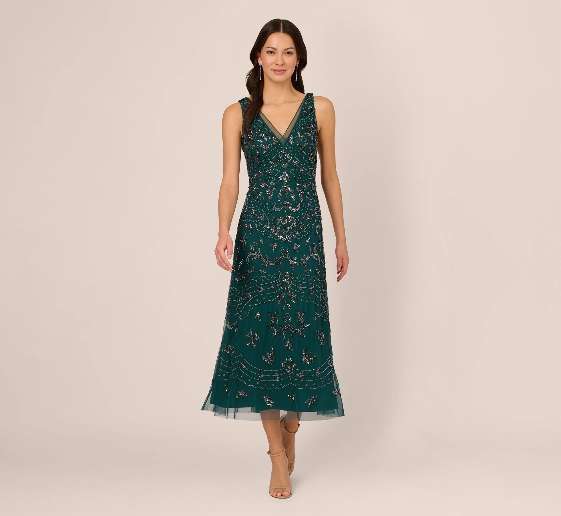Adrianna Papell Hand-Beaded Ankle-Length Dress In Gem Green 1 Adrianna Papell Hand-Beaded Ankle-Length Dress In Gem Green