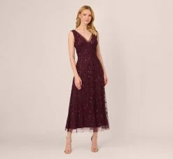 Adrianna Papell Hand-Beaded Ankle-Length Dress In Night Plum