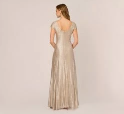 Adrianna Papell Metallic Foil Knit Draped Long Gown In Alabaster -Adrianna Papell Shop AP1E209681 AB268 Regular Back