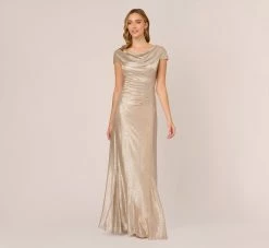 Adrianna Papell Metallic Foil Knit Draped Long Gown In Alabaster