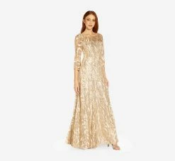 Adrianna Papell Embroidered And Hand-Sequined Illusion A-Line Long Gown In Champagne Gold -Adrianna Papell Shop AP1E209738 AQ298 Regular Alternate
