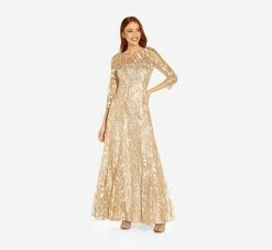 Adrianna Papell Embroidered And Hand-Sequined Illusion A-Line Long Gown In Champagne Gold